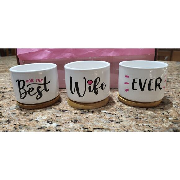 Succulent Pots with Bamboo Bottoms "Best Wife Ever" Plant Pots Gift for Wife - Picture 3 of 9